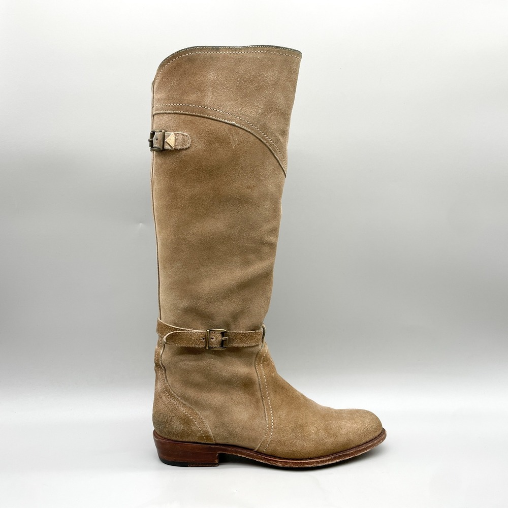 Frye Womens 7.5 M Dorado Tall Riding Boots Tan Suede Buckle Equestrian Western